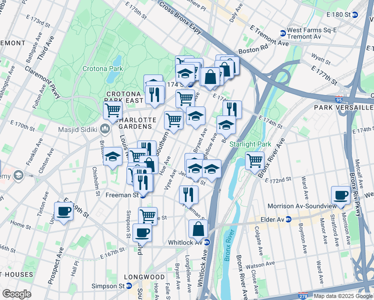 map of restaurants, bars, coffee shops, grocery stores, and more near in The Bronx