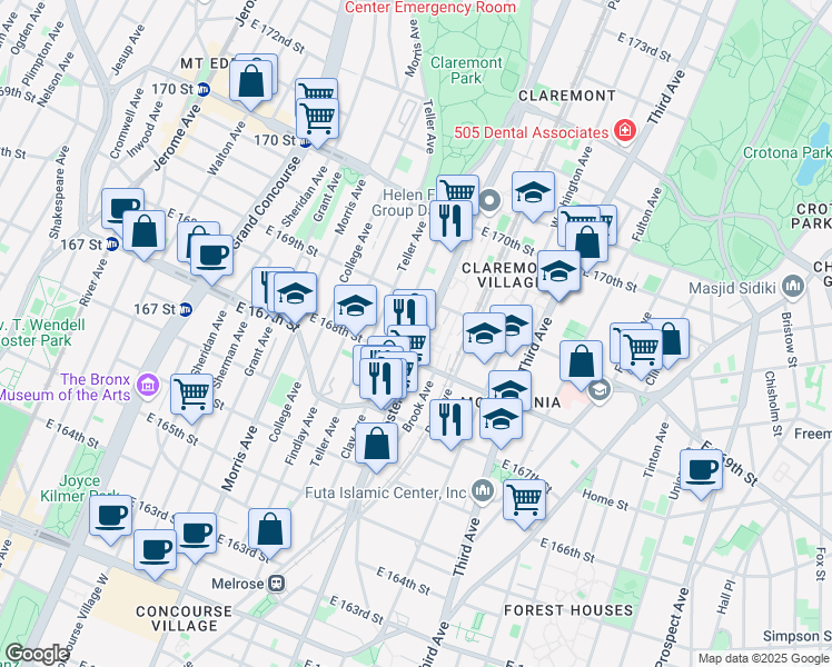 map of restaurants, bars, coffee shops, grocery stores, and more near in The Bronx