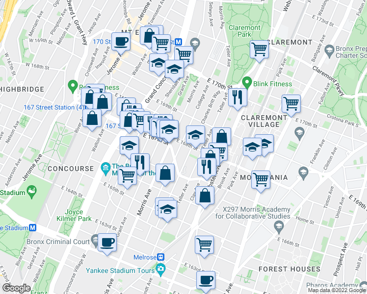 map of restaurants, bars, coffee shops, grocery stores, and more near 1227 College Avenue in Bronx