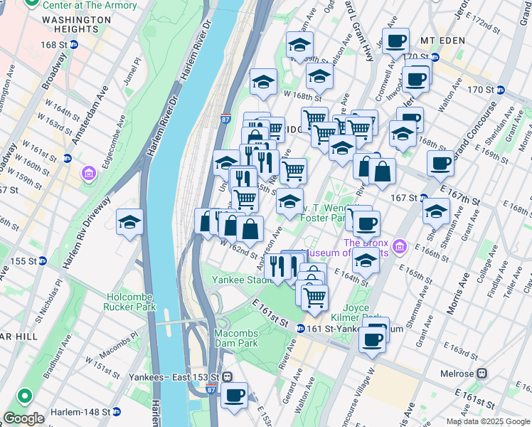 map of restaurants, bars, coffee shops, grocery stores, and more near 1016 Woodycrest Avenue in The Bronx