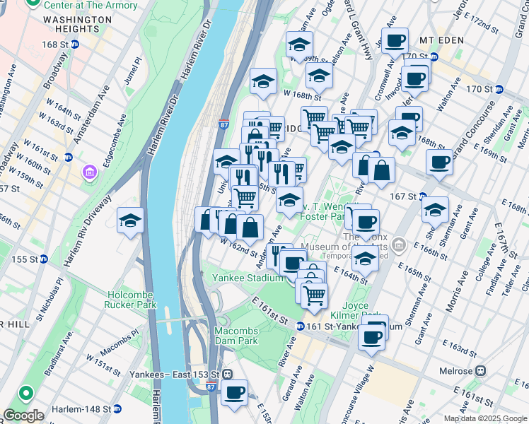 map of restaurants, bars, coffee shops, grocery stores, and more near 1016 Woodycrest Avenue in Bronx