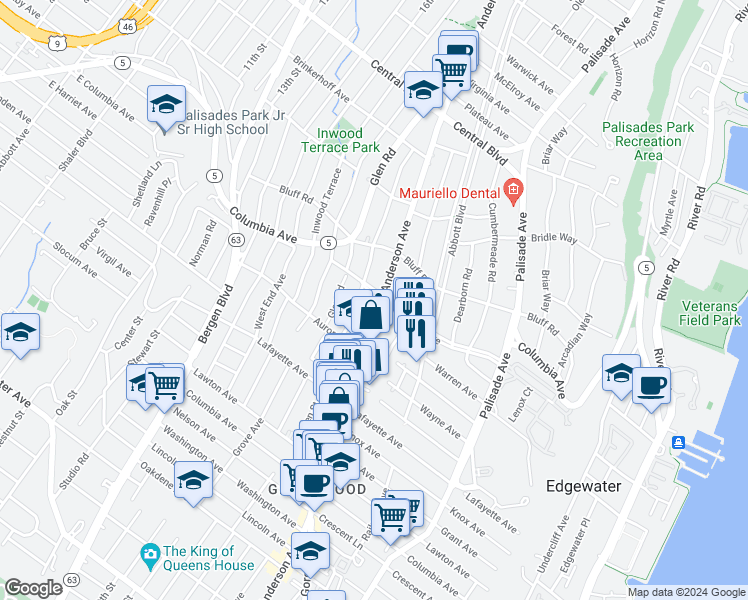 map of restaurants, bars, coffee shops, grocery stores, and more near 823 Anderson Avenue in Fort Lee