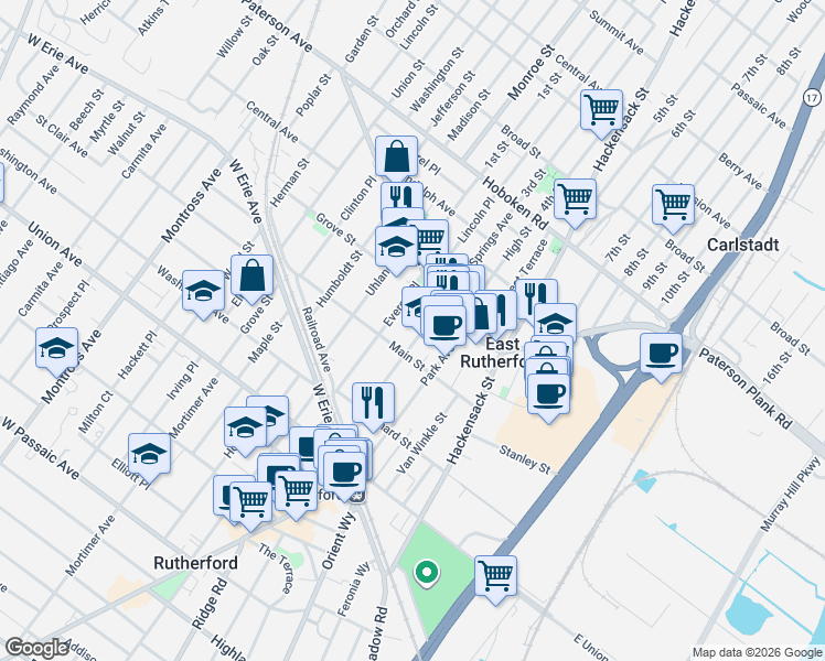map of restaurants, bars, coffee shops, grocery stores, and more near 135 Boiling Springs Avenue in East Rutherford