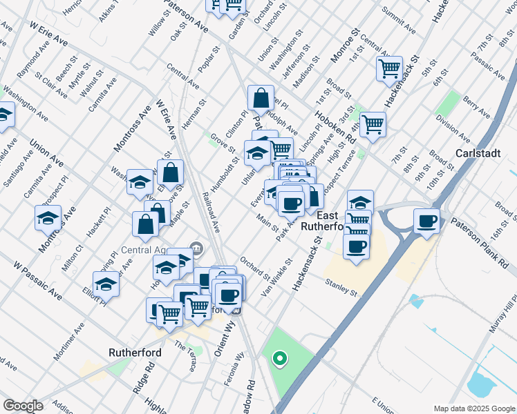 map of restaurants, bars, coffee shops, grocery stores, and more near 159 Everett Place in East Rutherford
