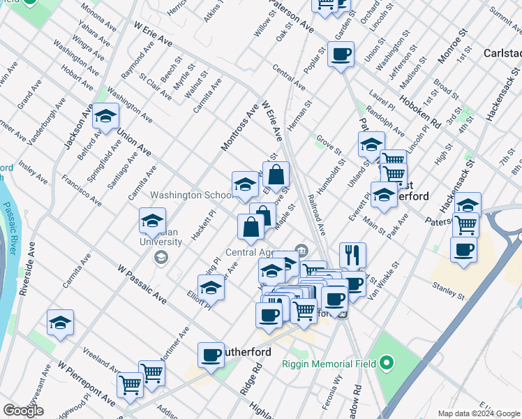 map of restaurants, bars, coffee shops, grocery stores, and more near 89 Wood Street in Rutherford