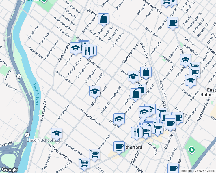 map of restaurants, bars, coffee shops, grocery stores, and more near 165 Montross Avenue in Rutherford