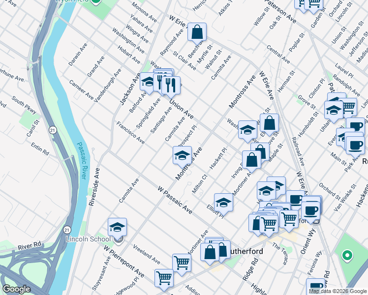 map of restaurants, bars, coffee shops, grocery stores, and more near 189 Prospect Place in Rutherford