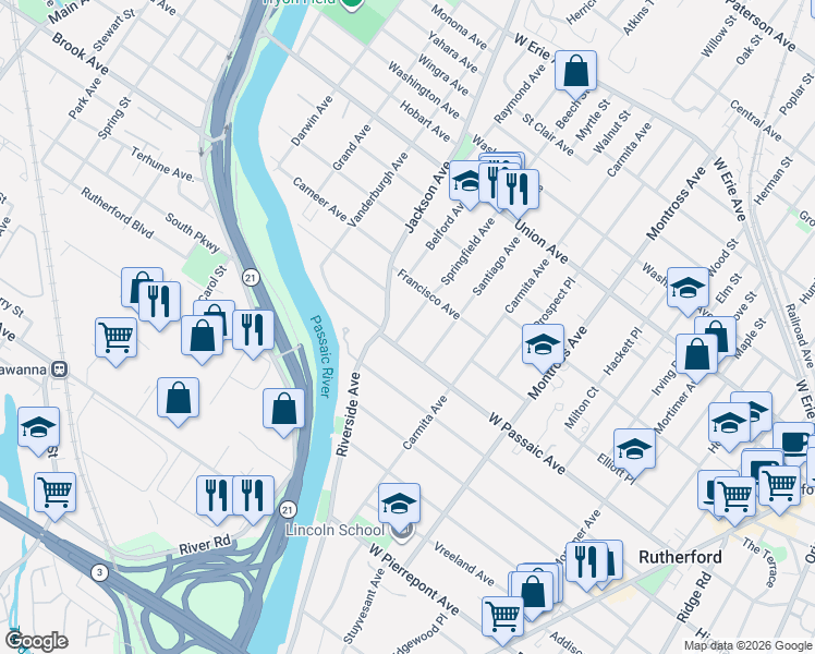 map of restaurants, bars, coffee shops, grocery stores, and more near 250 Springfield Avenue in Rutherford