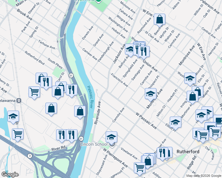 map of restaurants, bars, coffee shops, grocery stores, and more near 250 Springfield Avenue in Rutherford