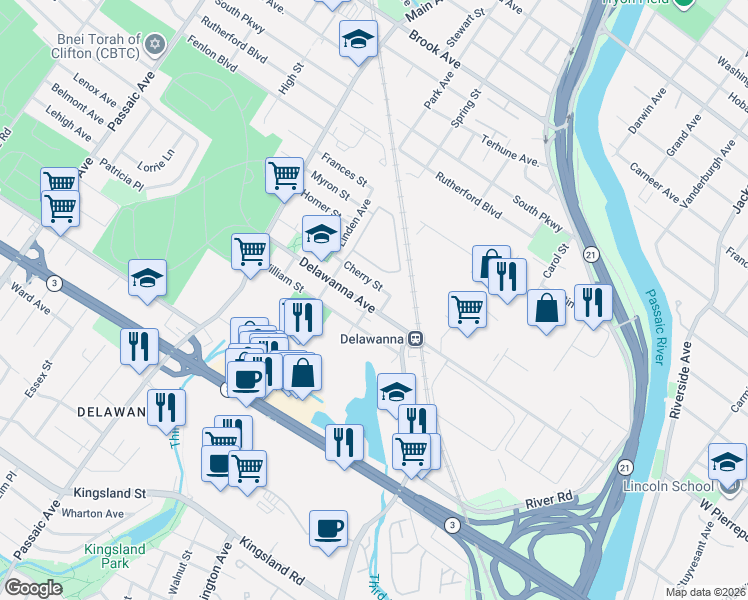 map of restaurants, bars, coffee shops, grocery stores, and more near 272 Delawanna Avenue in Clifton