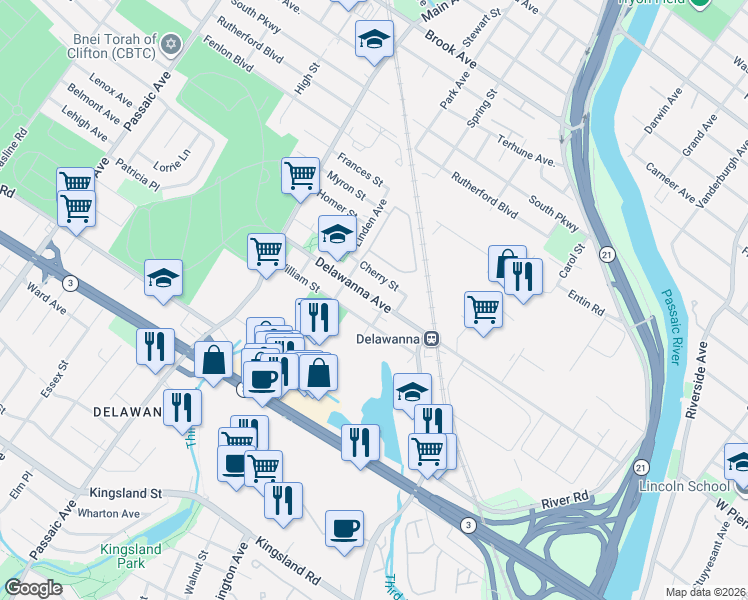 map of restaurants, bars, coffee shops, grocery stores, and more near 289 Delawanna Avenue in Clifton