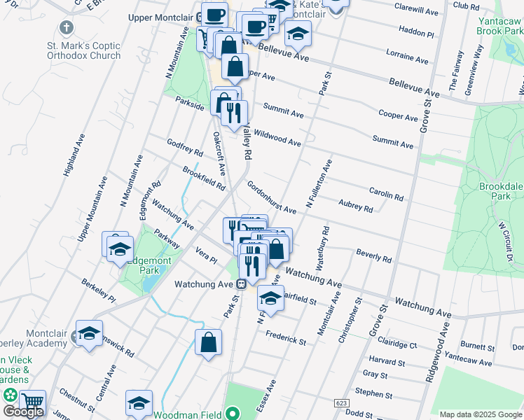 map of restaurants, bars, coffee shops, grocery stores, and more near 24 Bruce Road in Montclair