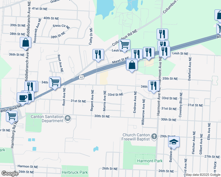 map of restaurants, bars, coffee shops, grocery stores, and more near 2802 34th Street Northeast in Canton