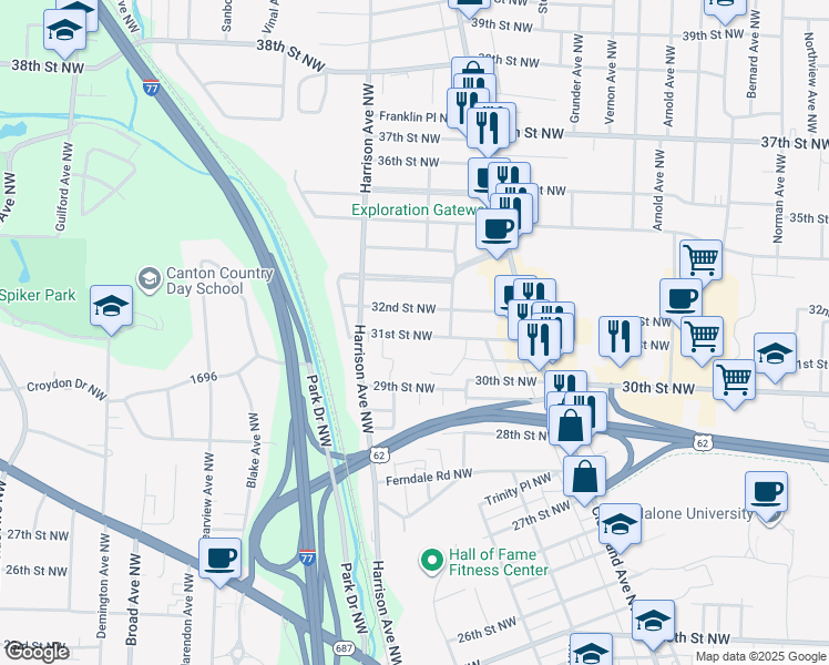 map of restaurants, bars, coffee shops, grocery stores, and more near 2007 31st Street Northwest in Canton