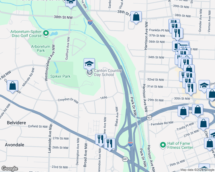 map of restaurants, bars, coffee shops, grocery stores, and more near 3040 Clearview Avenue Northwest in Canton