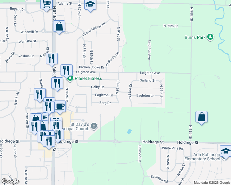 map of restaurants, bars, coffee shops, grocery stores, and more near 2024 North 91st Street in Lincoln