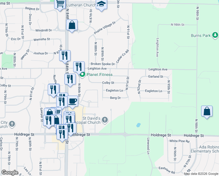 map of restaurants, bars, coffee shops, grocery stores, and more near 8810 Eagleton Lane in Lincoln