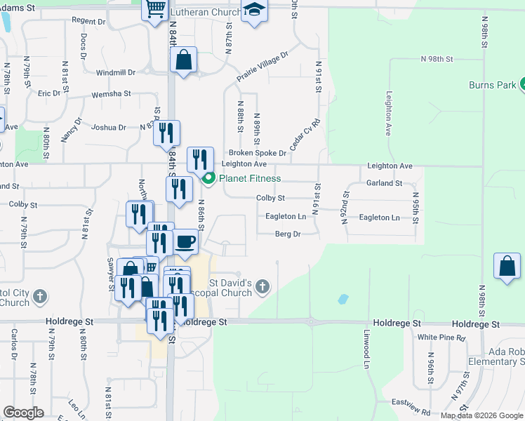 map of restaurants, bars, coffee shops, grocery stores, and more near 8810 Eagleton Lane in Lincoln