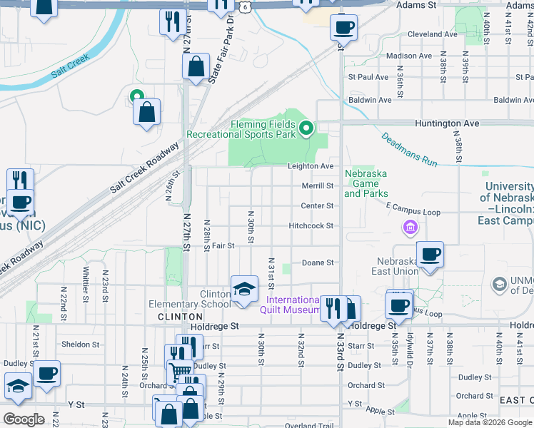 map of restaurants, bars, coffee shops, grocery stores, and more near 2024 North 30th Street in Lincoln