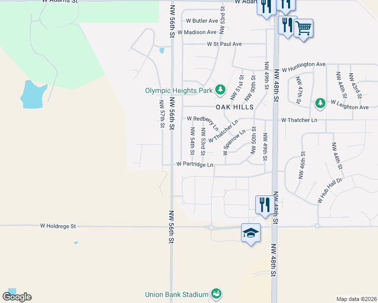 map of restaurants, bars, coffee shops, grocery stores, and more near 1942 Northwest 55th Street in Lincoln