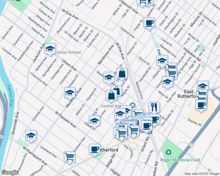 map of restaurants, bars, coffee shops, grocery stores, and more near 89 Wood Street in Rutherford