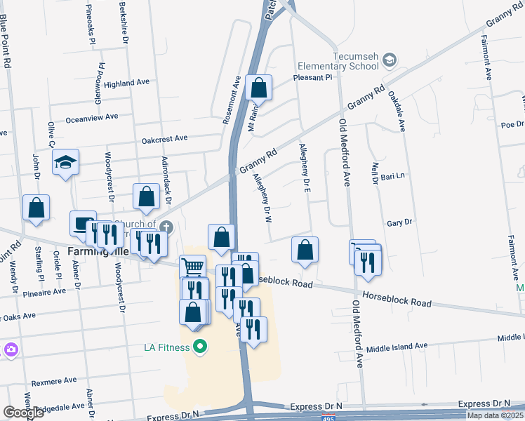 map of restaurants, bars, coffee shops, grocery stores, and more near 16 Allegheny Drive West in Farmingville