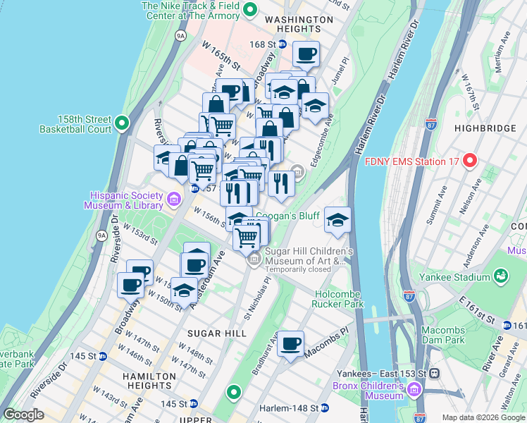 map of restaurants, bars, coffee shops, grocery stores, and more near St Nicholas Ave & W 158th St in New York