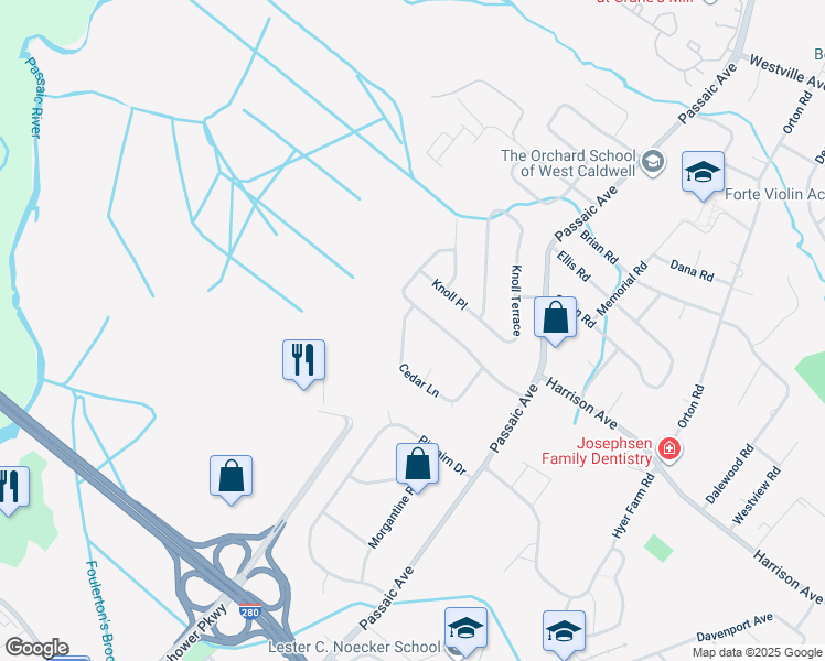 map of restaurants, bars, coffee shops, grocery stores, and more near 33 Cedar Lane in Roseland