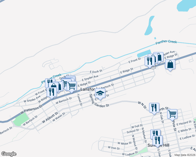 map of restaurants, bars, coffee shops, grocery stores, and more near 226 East Ridge Street in Lansford