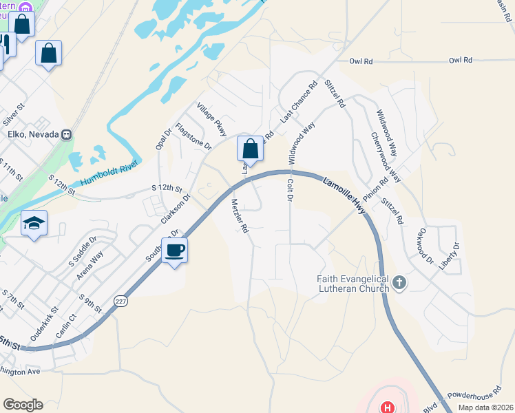 map of restaurants, bars, coffee shops, grocery stores, and more near 942 Sunrise Dr in Elko