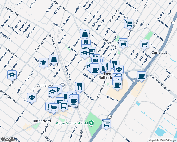 map of restaurants, bars, coffee shops, grocery stores, and more near 135 Boiling Springs Avenue in East Rutherford