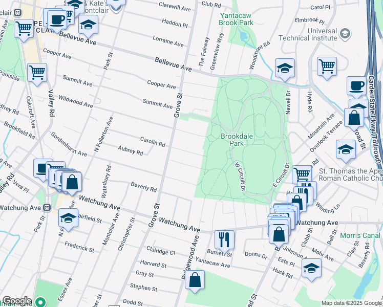map of restaurants, bars, coffee shops, grocery stores, and more near 19 Chester Road in Montclair