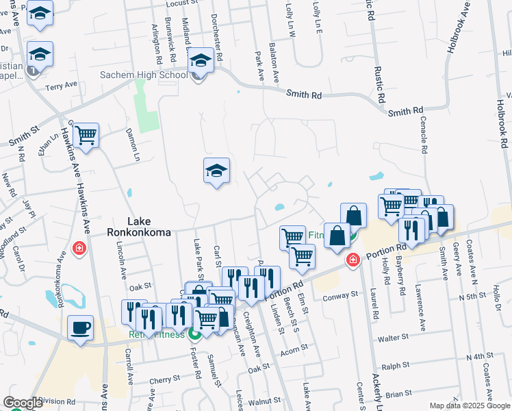 map of restaurants, bars, coffee shops, grocery stores, and more near 1411 Round Pond Road in Lake Ronkonkoma