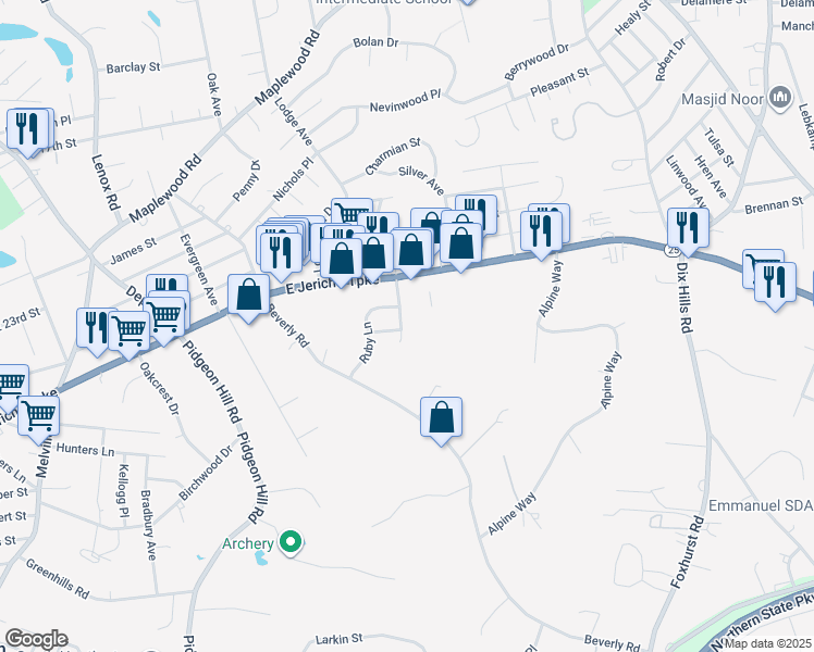map of restaurants, bars, coffee shops, grocery stores, and more near 14 Emerald Lane in Huntington Station