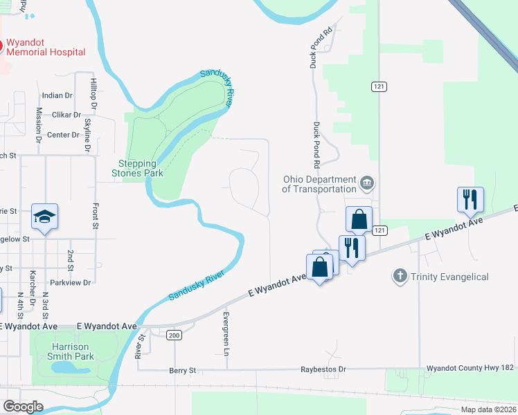 map of restaurants, bars, coffee shops, grocery stores, and more near 147 Rivers Edge Lane in Upper Sandusky