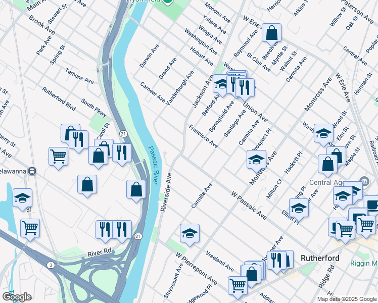 map of restaurants, bars, coffee shops, grocery stores, and more near 250 Springfield Avenue in Rutherford