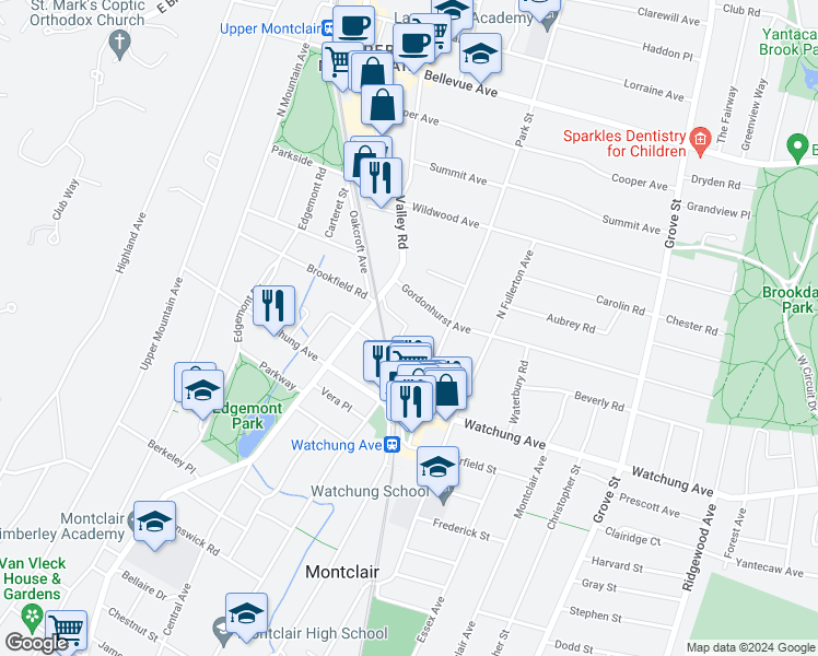 map of restaurants, bars, coffee shops, grocery stores, and more near 24 Bruce Road in Montclair