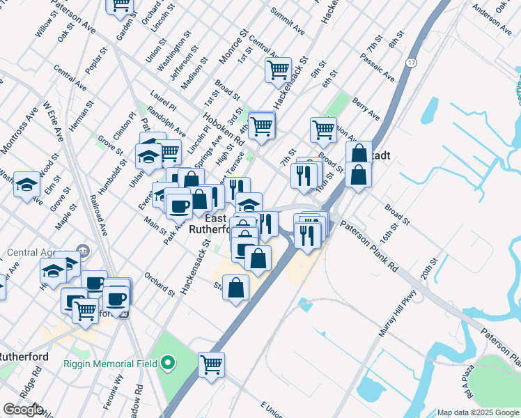 map of restaurants, bars, coffee shops, grocery stores, and more near 115 Paterson Avenue in East Rutherford