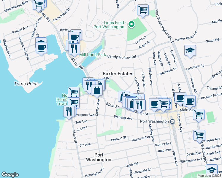 map of restaurants, bars, coffee shops, grocery stores, and more near 1 Green Hays in Port Washington