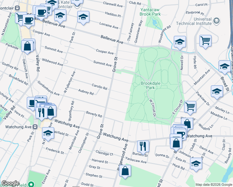 map of restaurants, bars, coffee shops, grocery stores, and more near 7 Chester Road in Montclair