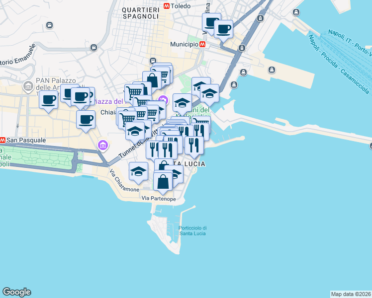 map of restaurants, bars, coffee shops, grocery stores, and more near 3 Via Petronio in Napoli