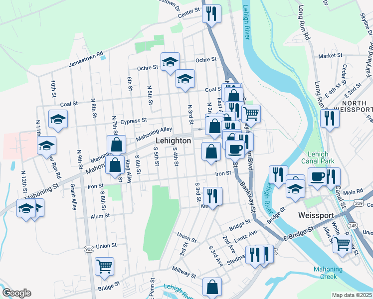 map of restaurants, bars, coffee shops, grocery stores, and more near 128-1/2 South 3rd Street in Lehighton