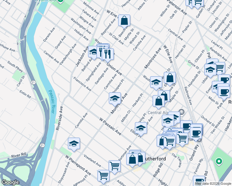 map of restaurants, bars, coffee shops, grocery stores, and more near 189 Prospect Place in Rutherford
