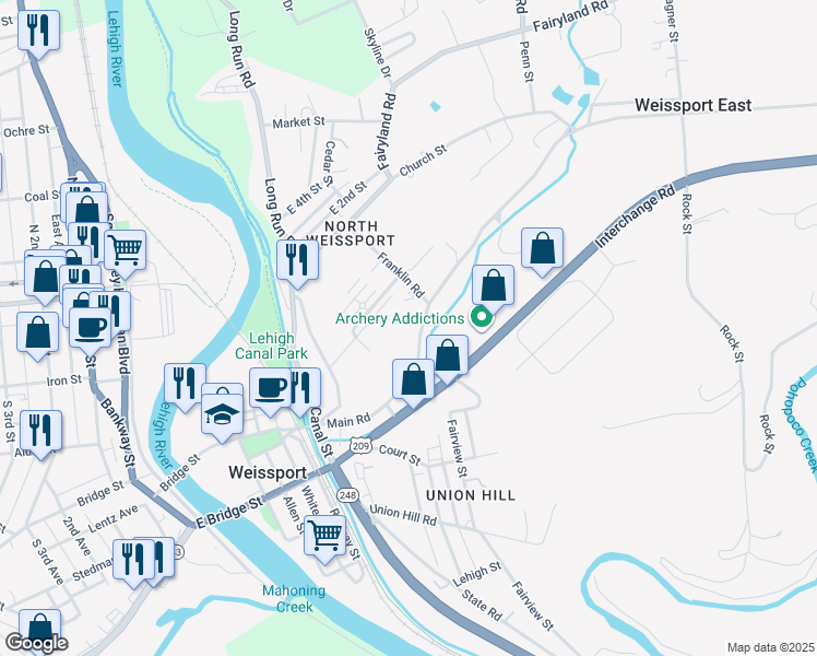 map of restaurants, bars, coffee shops, grocery stores, and more near 376 Main Road in Lehighton