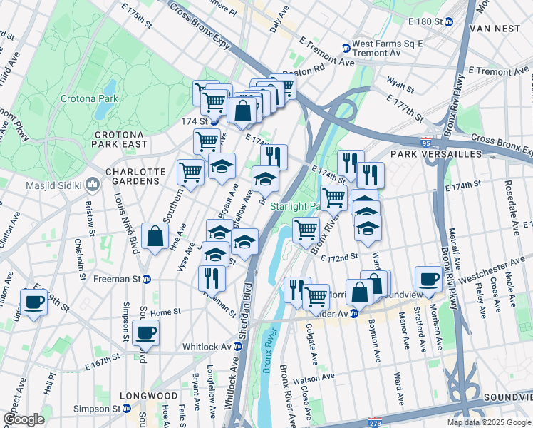 map of restaurants, bars, coffee shops, grocery stores, and more near 1544 Boone Avenue in The Bronx