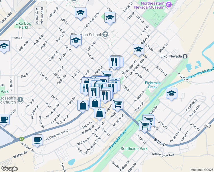 map of restaurants, bars, coffee shops, grocery stores, and more near 560 Idaho Street in Elko
