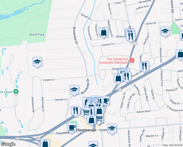 map of restaurants, bars, coffee shops, grocery stores, and more near 56 Forest Lane in Smithtown