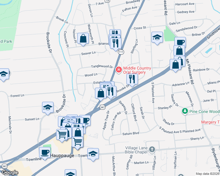 map of restaurants, bars, coffee shops, grocery stores, and more near 407 New York 111 in Smithtown