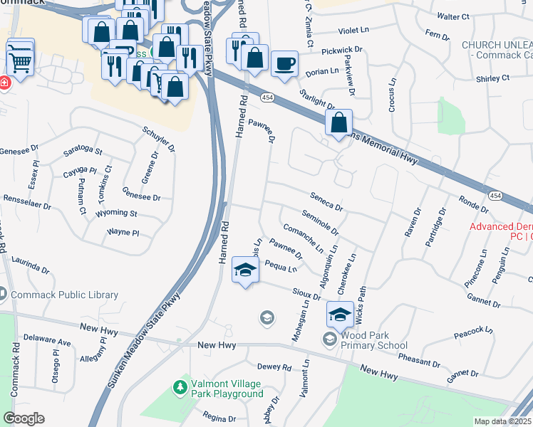 map of restaurants, bars, coffee shops, grocery stores, and more near 41 Pawnee Drive in Commack