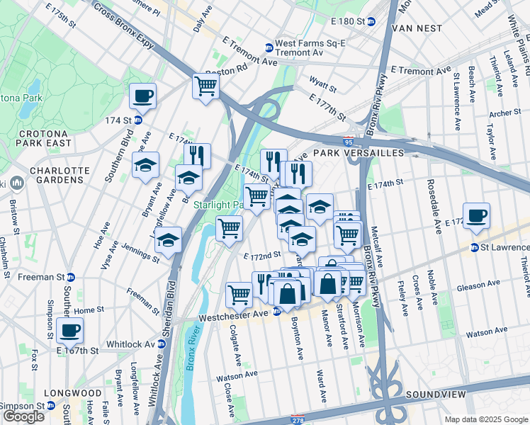 map of restaurants, bars, coffee shops, grocery stores, and more near 1353 Boynton Avenue in Bronx